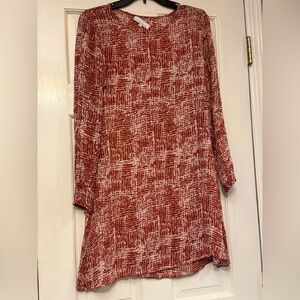 Elegant Rust Patterned Long Sleeve Silk Dress